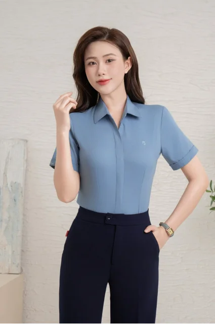 Áo sơ mi nữ ASW-284 ngắn tay form ôm vân chìm chất liệu Ngải cứu nhiều màu Thái Hòa